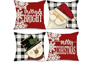 GEEORY Christmas Pillow Covers 18x18 Set of 4 for Christmas Decorations Buffalo Plaid Snowman Santa Claus Merry Bright Christmas Pillows Winter Holiday Throw Pillows Christmas Farmhouse Decor