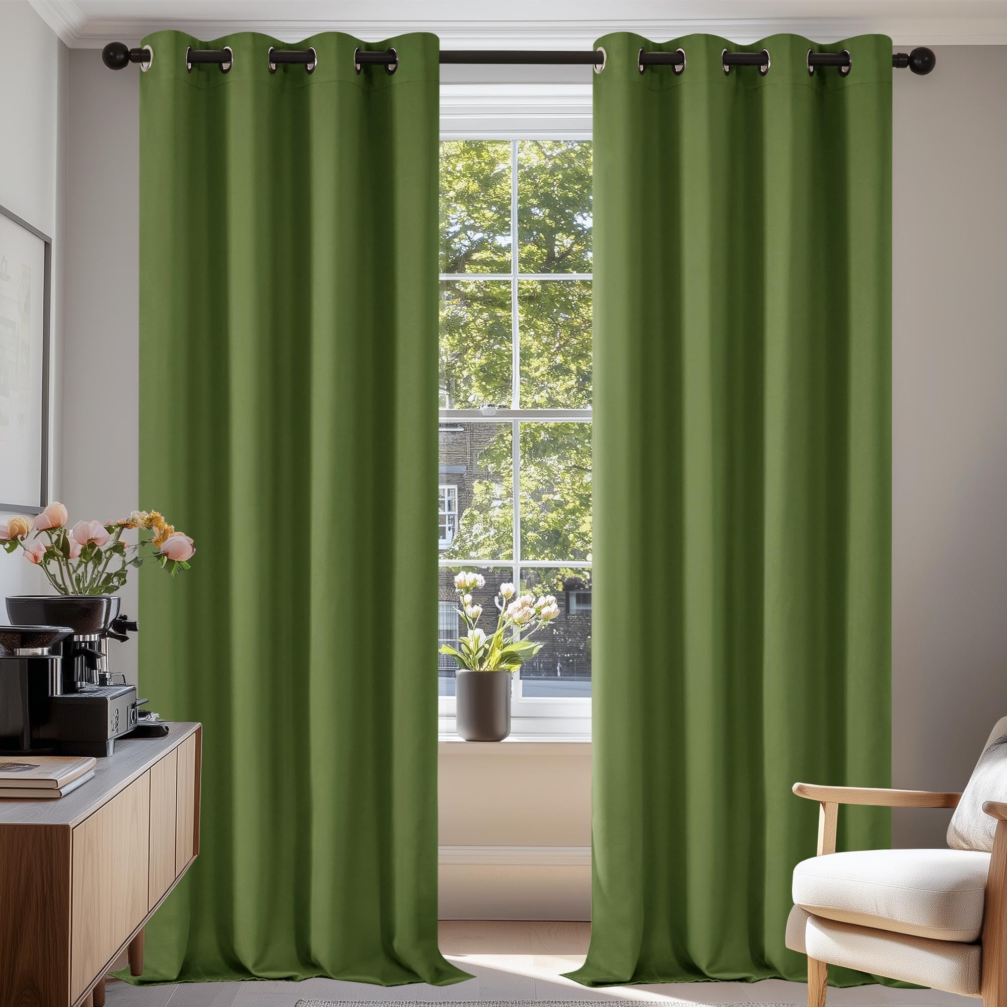 Deconovo Super Soft Solid Thermal Insulated Eyelet Living Room Blackout Curtains for Girls 46 x 90 Inch Green 1 Pair