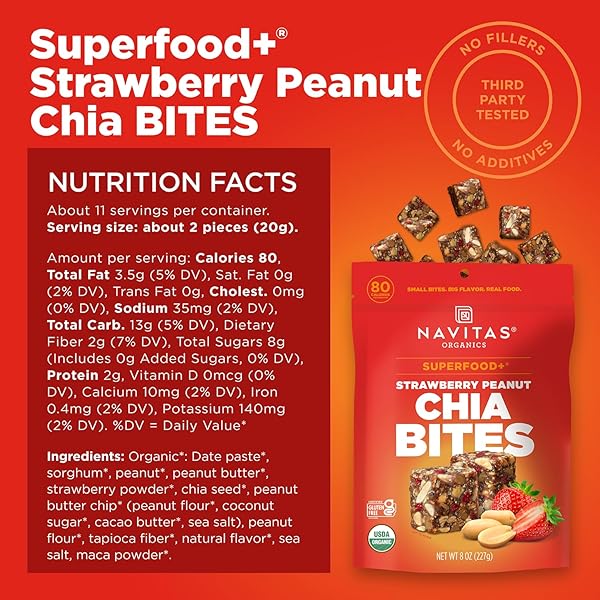 NAVITAS ORGANICS STRAWBERRY PEANUT CHIA SUPERFOOD+ BITES – POWER SNACKS – ALL NATURAL PLANT BASED – CLEAN ENERGY & NUTRITION – USDA ORGANIC, NON GMO, GLUTEN FREE, KOSHER, VEGAN (8OZ. BAG 11 SERVINGS)