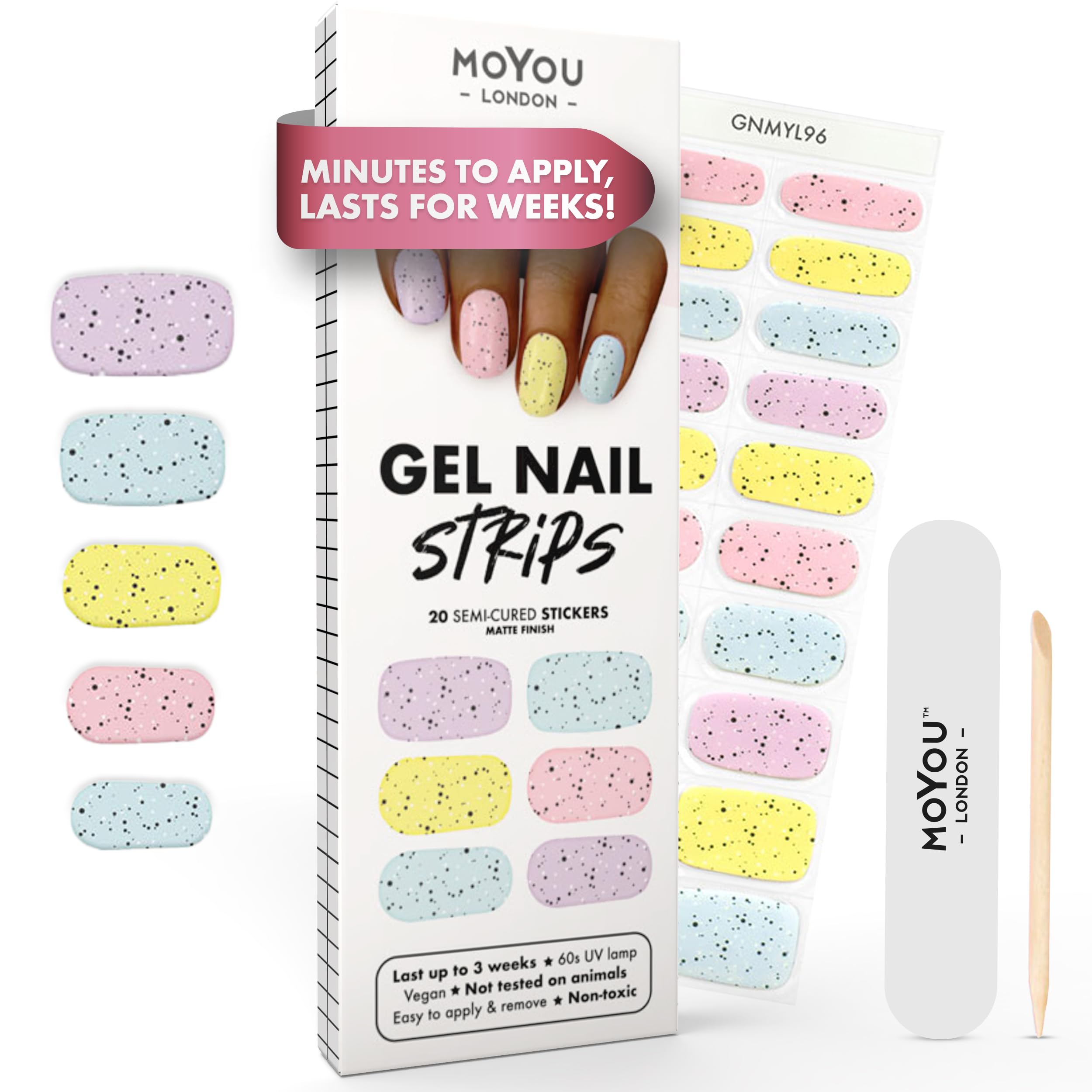 MOYOU LONDON Semi Cured Gel Nail Strips - 20 Pcs. Waterproof Gel Nail Wraps, Cures in Sunlight or UV/LED Lamp, Lasts Up to 2+ Weeks, Stretchable, Easy to Apply & Remove, Vegan & Cruelty-Free
