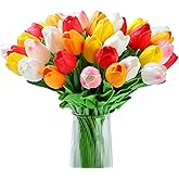 AWARDSEN 20pcs Artificial Tulips Silk Flowers 14" Real Touch Fake Tulips for Spring Home Decor Living Room,Wedding Centerpiece, Easter (Colorful)