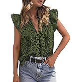 PRETTYGARDEN Womens Summer Tops 2026 Dressy Casual Ruffle Cap Sleeve Button V Neck Embroidered Eyelet Blouses Shirts