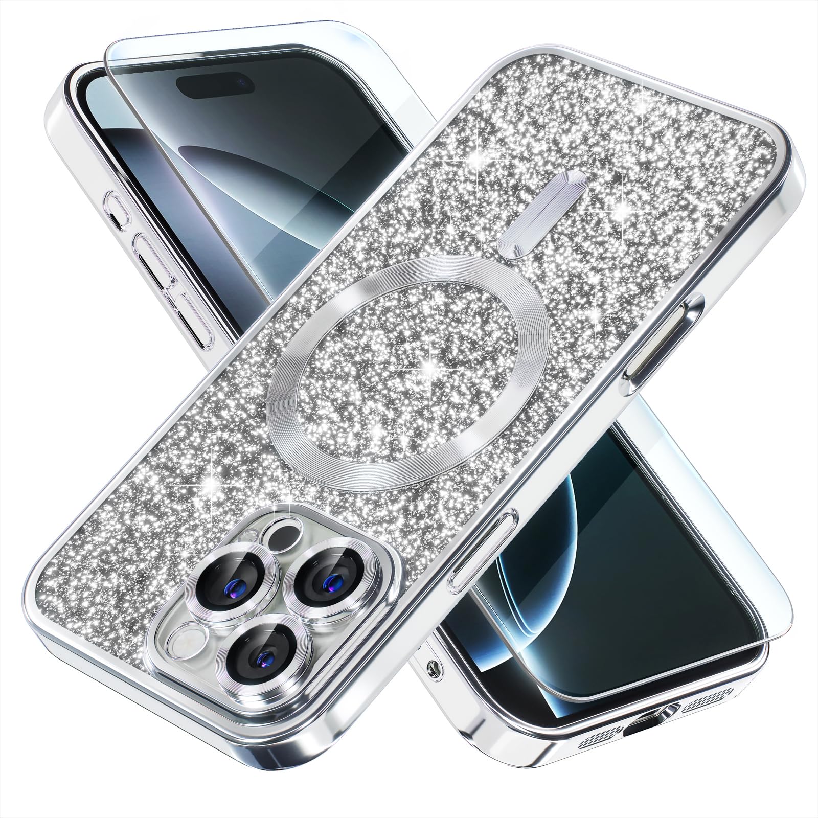 Photo 1 of Misea Magnetic for iPhone 16 Pro Max Case Compatible with MagSafe [Military Grade Drop Protection] Full Camera Lens Protector Plating Glitter Soft Phone Case for Women Girls 6.9 inch, Silver