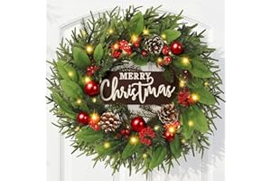 UNISTAR 22 Inch Christmas Wreath for Front Door with Light Porch Window Winter Wreaths with Berries Pine Cones Indoor Outdoor Window Decor for Xmas Holiday Celebrations Decorations