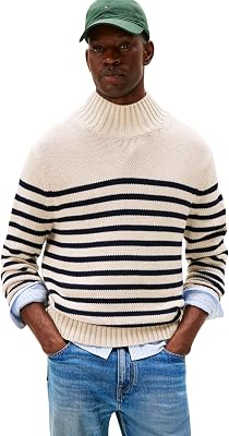 Pull Homme Breton Cotton Stripe avec Col Cheminée, Multicolore (Oatmilk HTR/Desert Sky), L