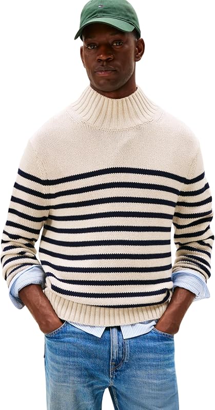 Pull Homme Breton Cotton Stripe avec Col Cheminée, Multicolore (Oatmilk HTR/Desert Sky), L — photo 1 sur 5
