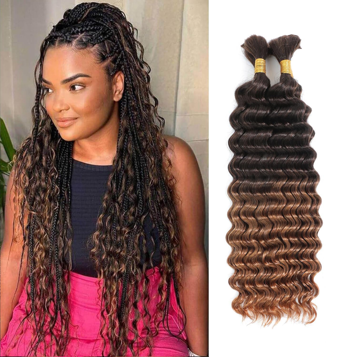 Flyroseing Brown Boho Human Hair Extensions for Knotless Braids, Deep Wave Curly Braiding Hair for Boho Box/Twist/Locs Goddess Braids Extensions Hair (18 Inch, T4/30) — image 1