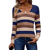 Zeagoo Womens Sweaters Fall Trendy Casual Long Sleeve Shirt Lightweight V Neck Off Shoulder Crochet Pullover Top Outfit