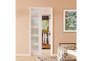 SOLRIG Sliding Pocket Door 30" x 80", 5 Lites Tempered Frosted Glass Panel with Frame and Hardware Kit Set, Interior & Closet Single Door Slab, White Primed - Panel Assembly Needed