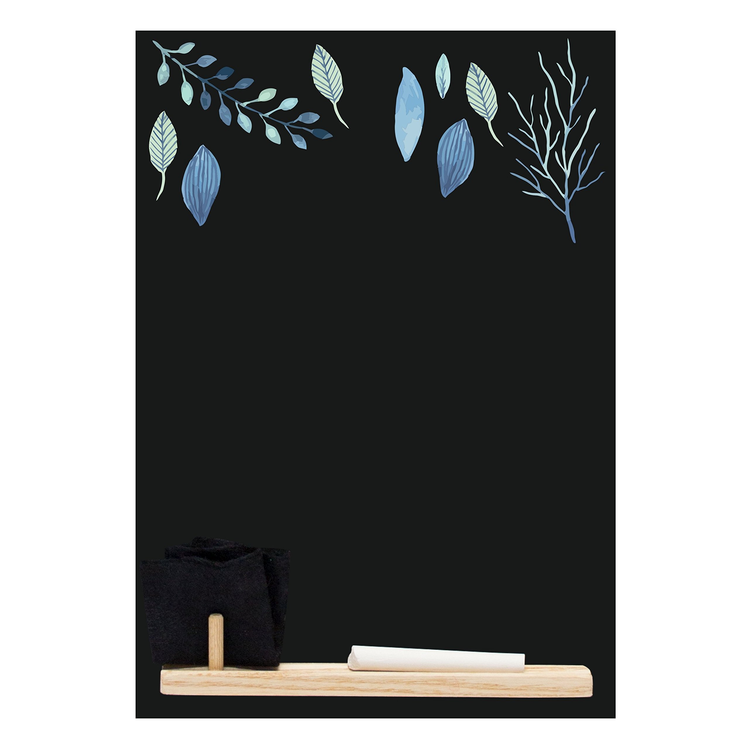 Chalkboards UK HCB008 Blue Leaf' Small Memo Black Chalkboard/Blackboard/Kitchen Chalk Board with Tray, Piece of Chalk & Felt Eraser. Booth Design Range, Wood, 29.7 x 20.7 x 1 cm