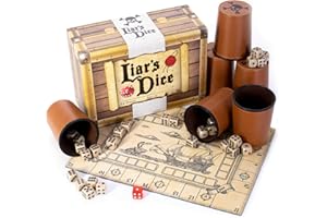 BRYBELLY Liar's Dice Game Set - Classic Family Bluffing Game - Treasure Chest Includes Six Professional Bicast Leather Dice Cups, 30 Custom Bullseye D6 Dice, Custom Bidding Die, Pirate Ship Game Mat