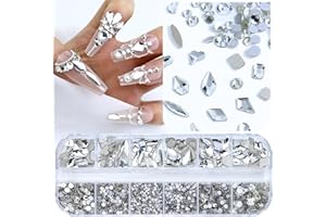 Dowarm 3200PCS Nail Art Rhinestones, Crystal Clear Flatback Rhinestones for Nails, Crafts, 12 Styles 3D Glass Crystal Nail Gems, White Diamond Stones