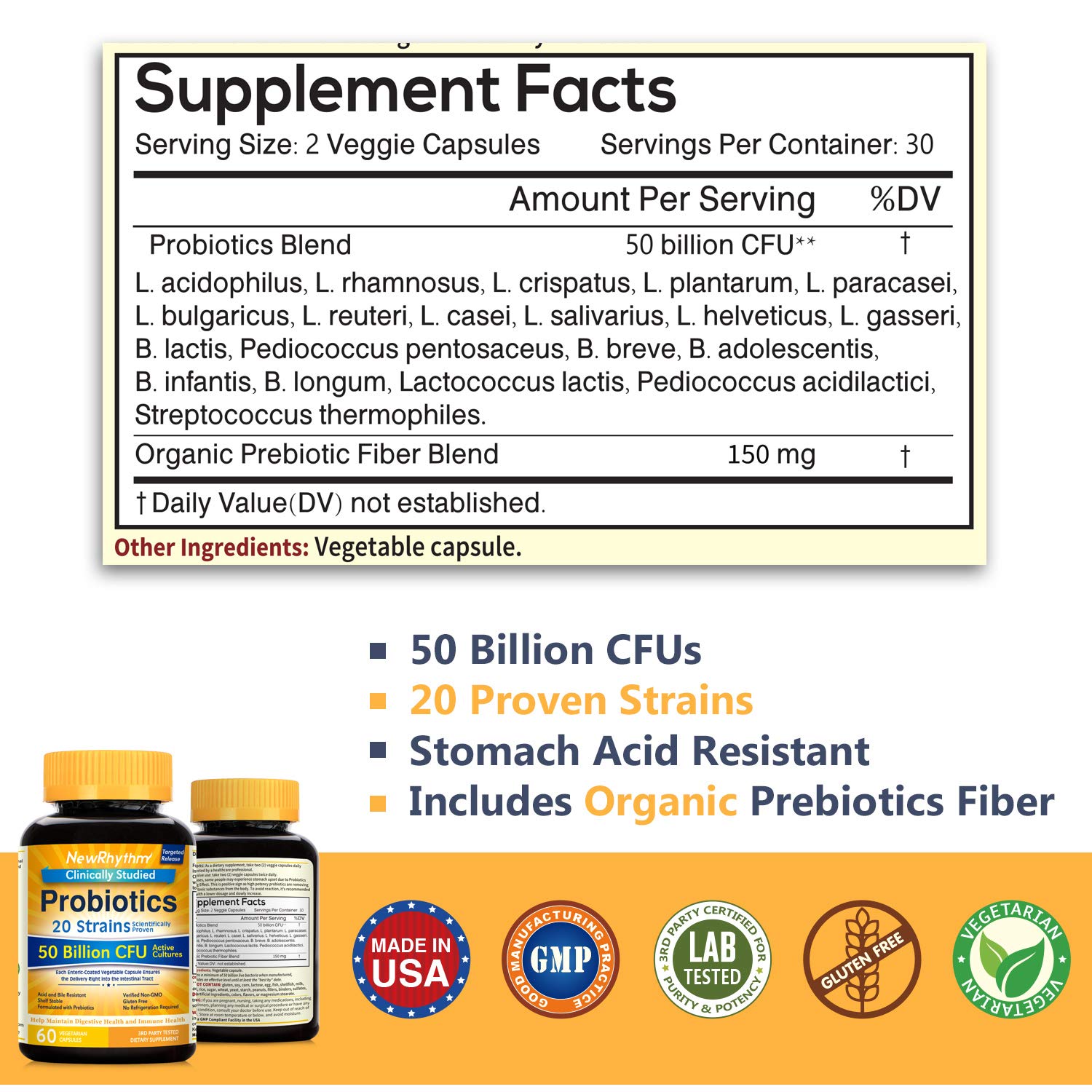 NewRhythm Probiotics 50 Billion CFU 20 Strains, 60 Veggie Capsules