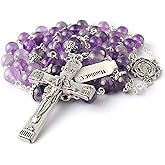 HanlinCC 8mm Natural Real Amethyst Crystal 5 Dacade Fancy Miraculous Center Piece Rosary Necklace with Anti-Silver Catholic Crucifix Pack in Leather Gift Box