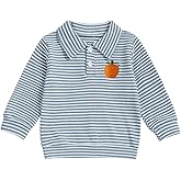 Toddler Baby Boy Halloween Outfit Pumpkin Embroidery Waffle Striped Long Sleeve Polo Shirt Button Up Pullover Top