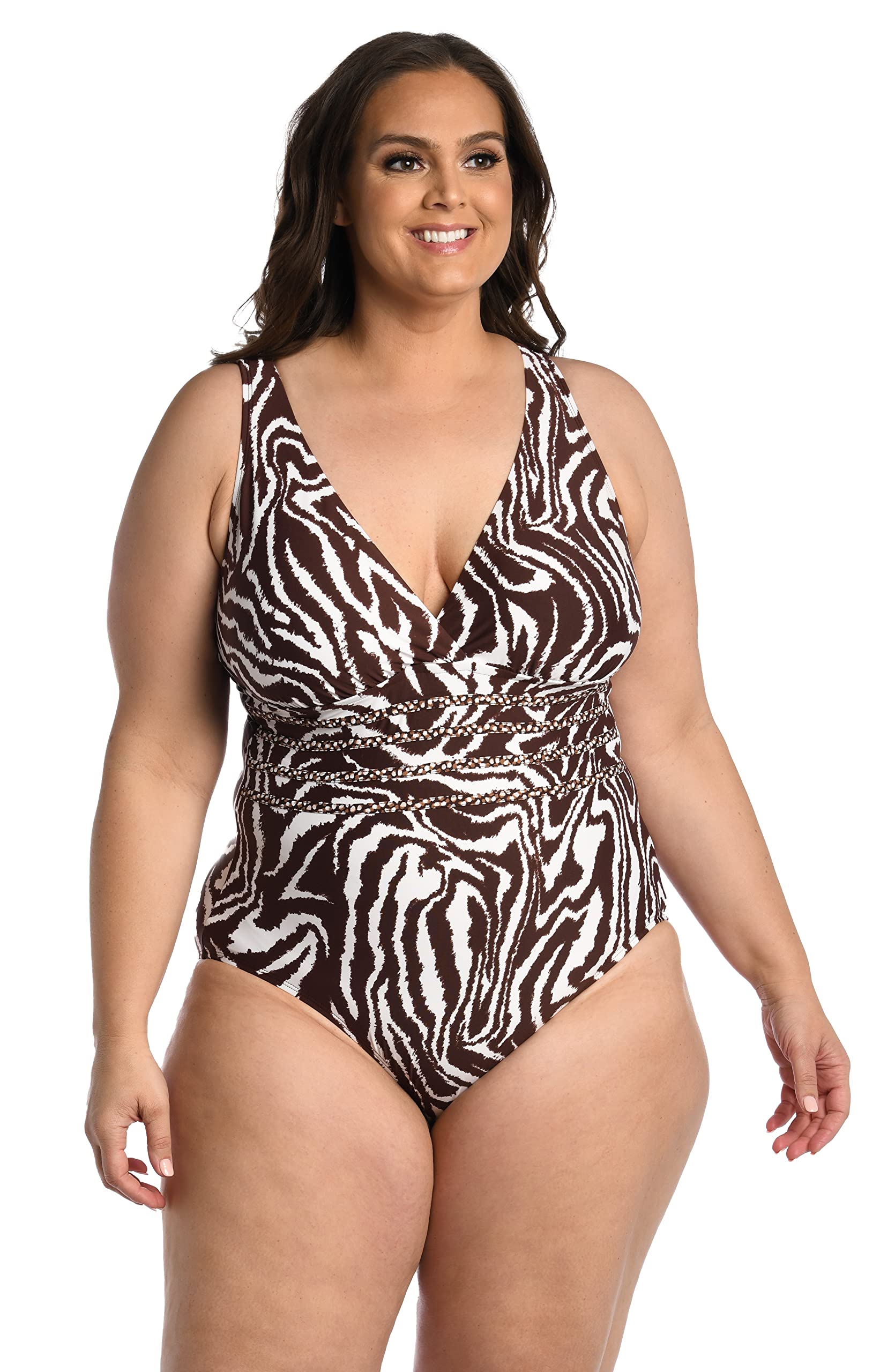 La Blanca Women’s Multi Strap Cross Back One Piece Swimsuit, Java//Fierce Lines, 16