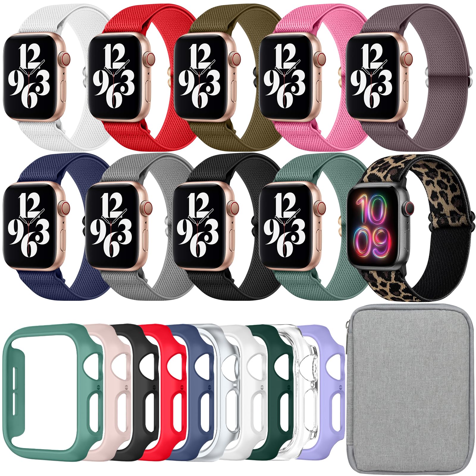 Photo 1 of 10 Pack Nylon Stretchy Band Compatible with Apple Watch Bands 40mm 41mm 42mm 44mm 45mm 46mm for Women Men, Watch Case(Compatible for Apple Watch Series 11 10 9 8 7 6 5 4 3 SE/2