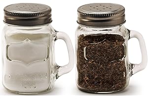 Circleware Glass Mini Mason Jar Mug Salt and Pepper Shakers with Handles & Metal Lids, Kitchen Glassware Preserving Containers, Perfect Himalayan Seasoning Spices, 2-Piece Set, 5 oz, Clear, Silver