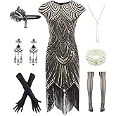 Letter Love Womens Vintage Lace Fringed Gatsby 1920s Cocktail Dress with 20s Accessories Set