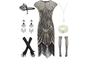 Letter Love Womens Vintage Lace Fringed Gatsby 1920s Cocktail Dress with 20s Accessories Set