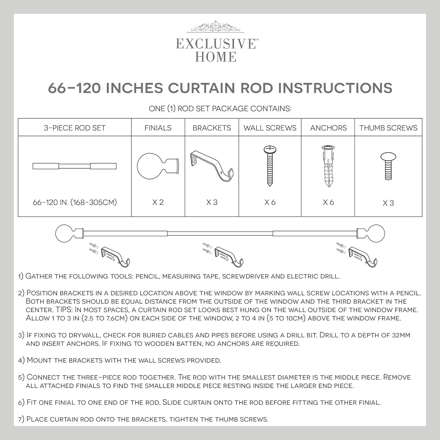 Exclusive Home Curtains Hillhurst Window Curtain Rod and Finial Set, 66"-120", Off White: Home & Kitchen