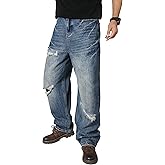 JIALANSHI Men's Wide Leg Baggy Jeans Ripped Loose Denim Pants