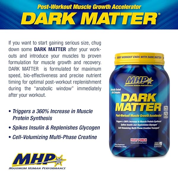 MHP DARK MATTER POST WORKOUT, RECOVERY ACCELERATOR, W/MULTI PHASE CREATINE, WAXY MAIZE CARBOHYDRATE, 6G EAAS, FRUIT PUNCH, 20 SERVINGS, 55 OZ