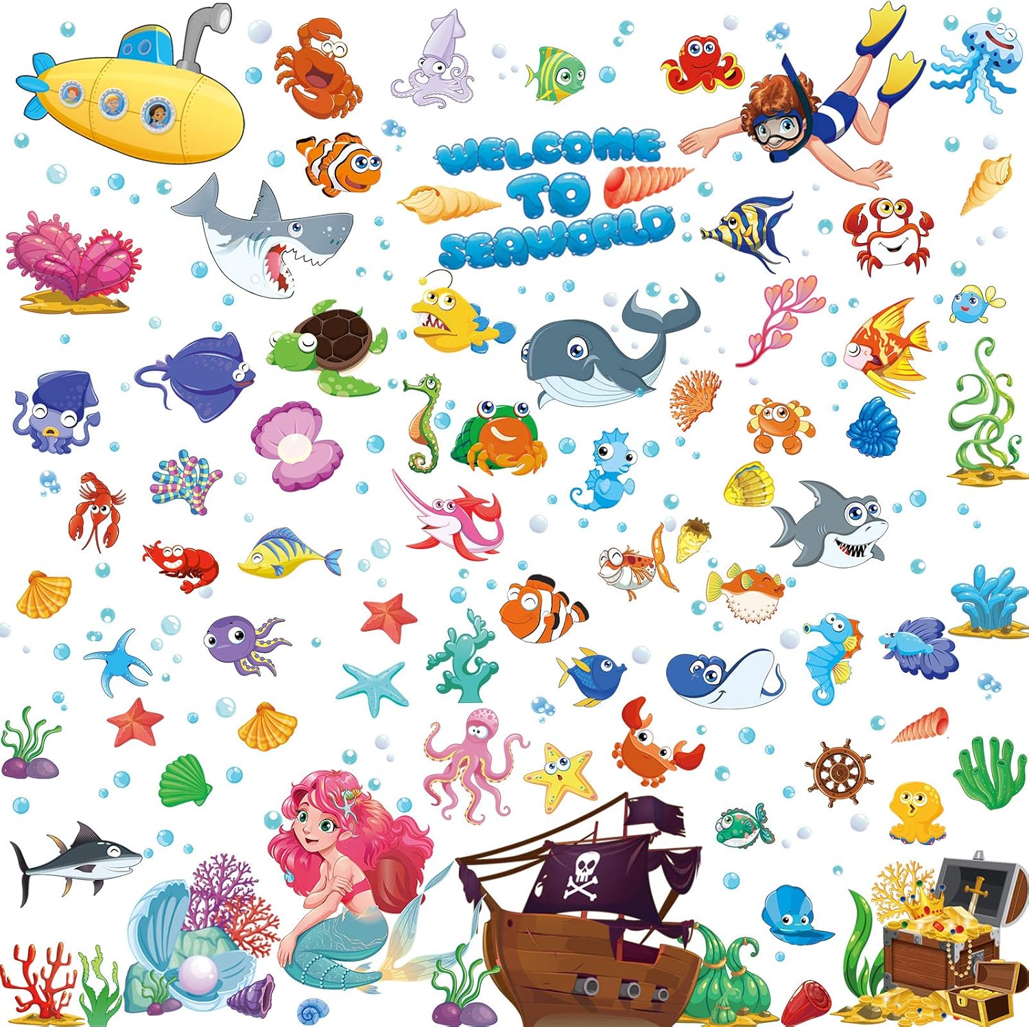 Mermaid Wall Stickers - Undersea Watercolor Ocean Animal Stickers for Kids Bathroom Bedroom Playroom Decoration
