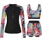 Cagola Rash Guard for Women 3 Piece Swimsuits Long Sleeve Bathing Suit with Boyshorts and Bra Ladies Swim Over 50 UPF 50+