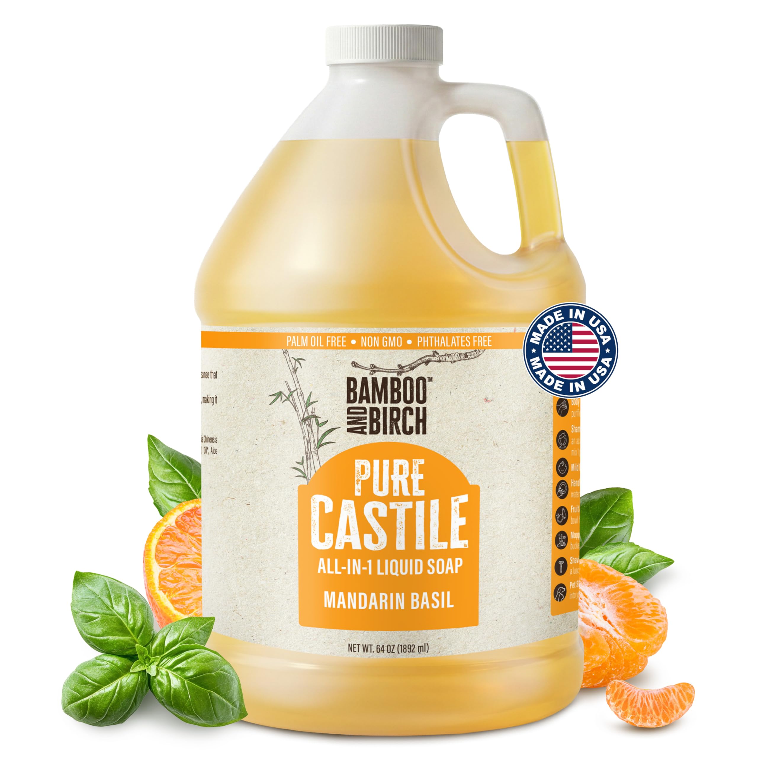 BAMBOO AND BIRCH Pure Castile Soap Liquid, Certified Palm Oil Free Natural Soap, Mandarin Basil, 64 oz Image