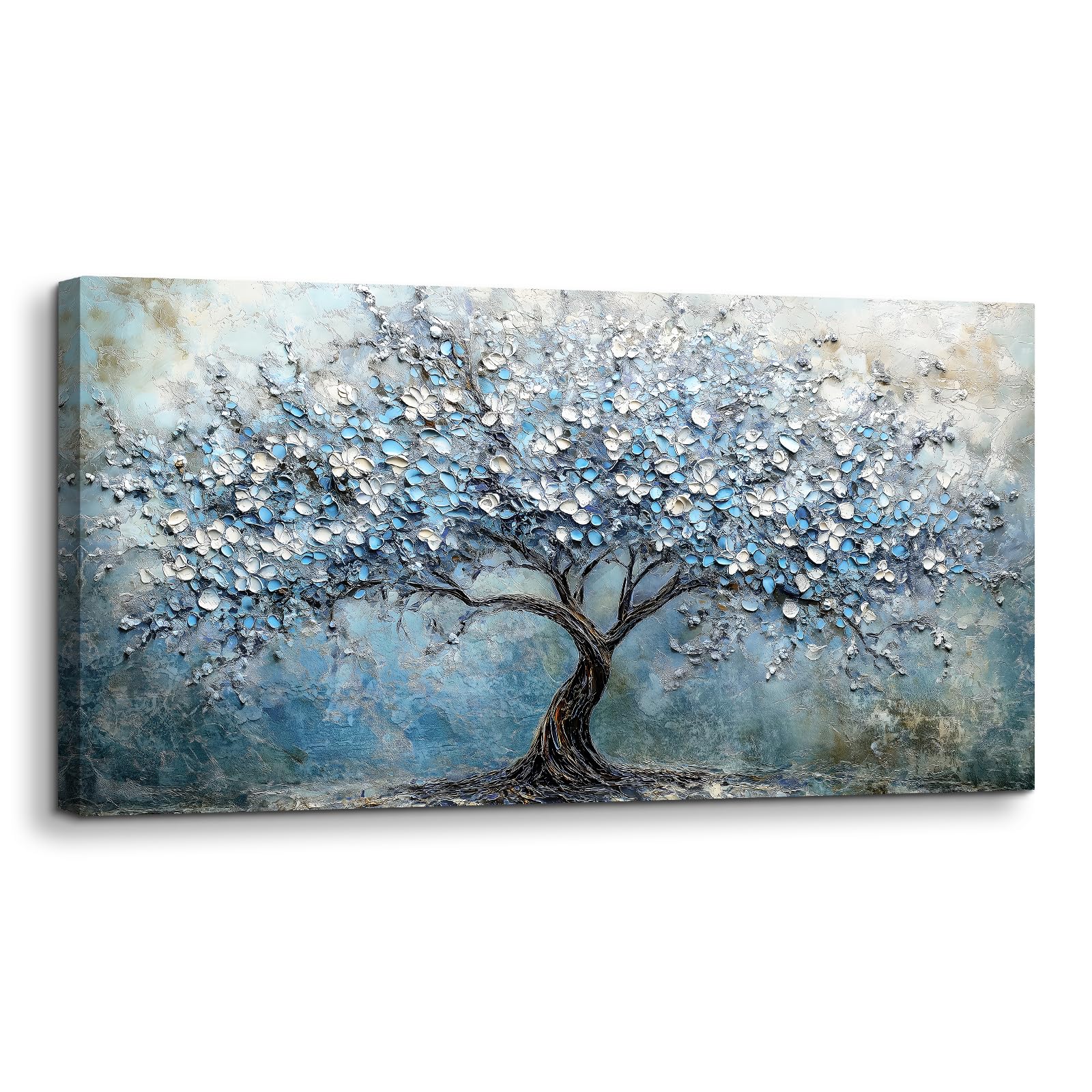 Photo 1 of **NOT TEXTURED*** crmotu Tree of Life Large Wall Art, Cherry Blossom Abstract Canvas Painting, Blue Flowers Tree Art Prints, Modern Neutral Aesthetic Pictures Wall Decor Living Room Bedroom Bathroom Office 20"X40"