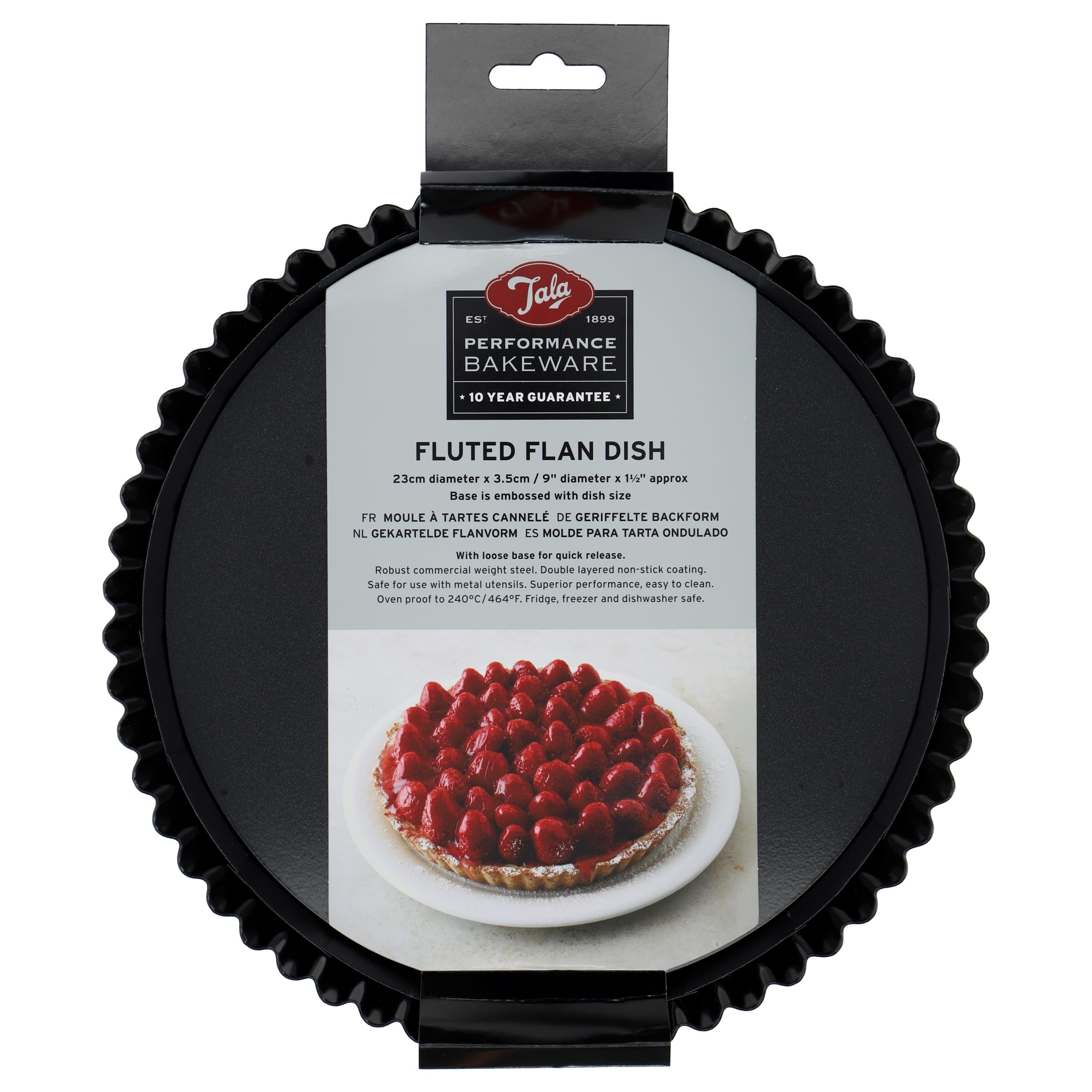 Tala Performance 23 cm Dia Fluted Tart Tin, Professional Gauge Carbon Steel with Eclipse Non-Stick Coating, Loose Base, Perfect for savoury or Sweet tarts, flans, quiches, or Desserts, Black