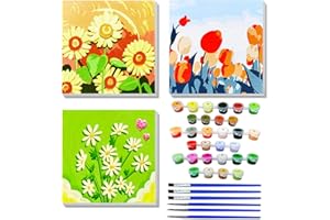 JUNQIU US JUNQIU Paint by Numbers Kit for Kids, 3Pack Paint by Numbers Framed Canvas, Easy Paint by Number Flowers, Arts and Crafts for Kids Ages 4 5 6 7 8 9 10 11 12 Girls