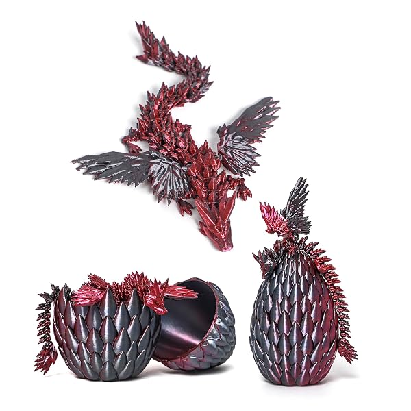 FLAVERY 3D PRINTED DRAGON IN EGG – BLACK MIX RED – SURPRISE EASTER BASKET STUFFERS, EASTER GIFT FOR KIDS&ADULTS, FLEXIBLE WINGED DRAGON INSIDE, FIDGET TOY, BIRTHDAY GIFT, DESK FIGURE DECOR