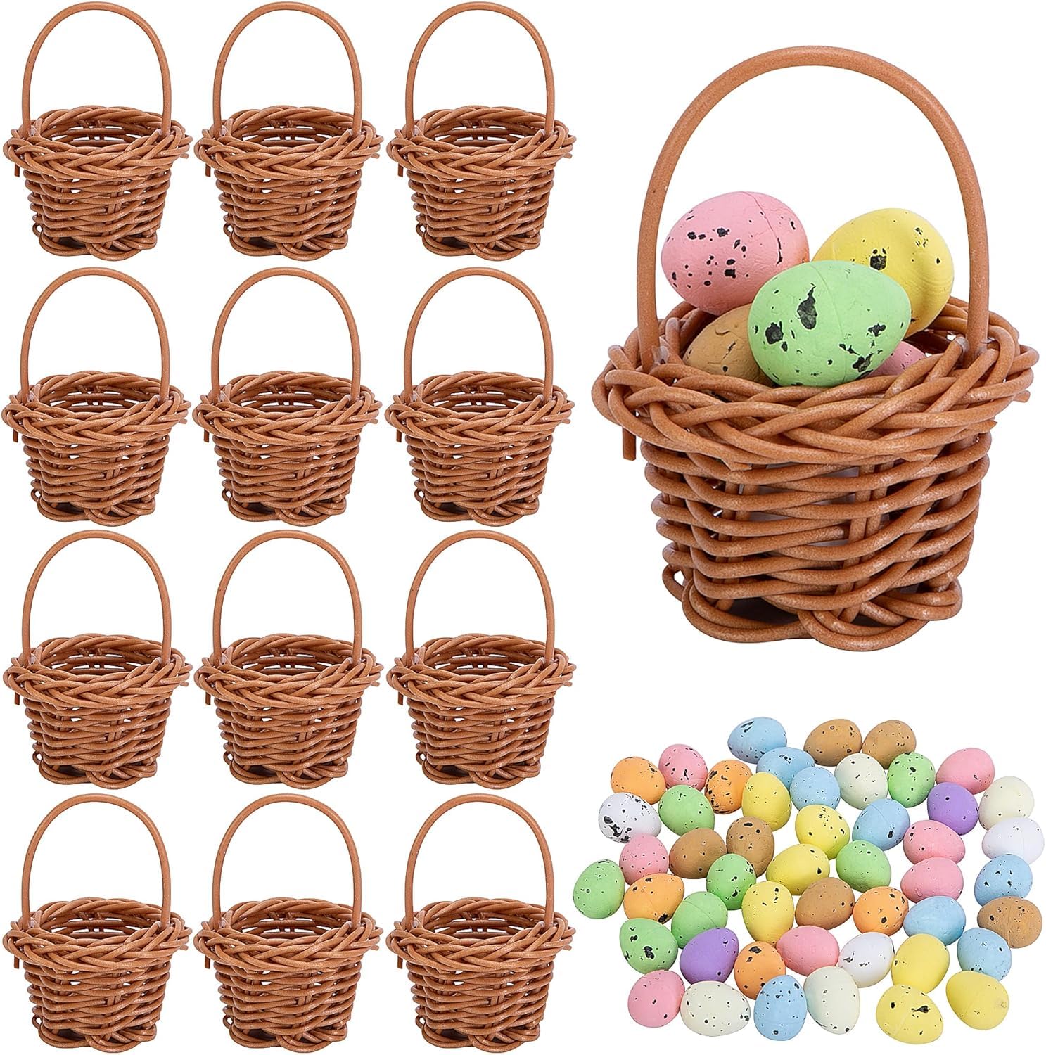 Photo 1 of 12 Pack Easter Mini Woven Handbasket with 50 Pcs Eggs,Tiny Decorative Picnic Baskets with Handle, Easter Miniature Basket Set for Home Office Decor Wedding Birthday Party Favors