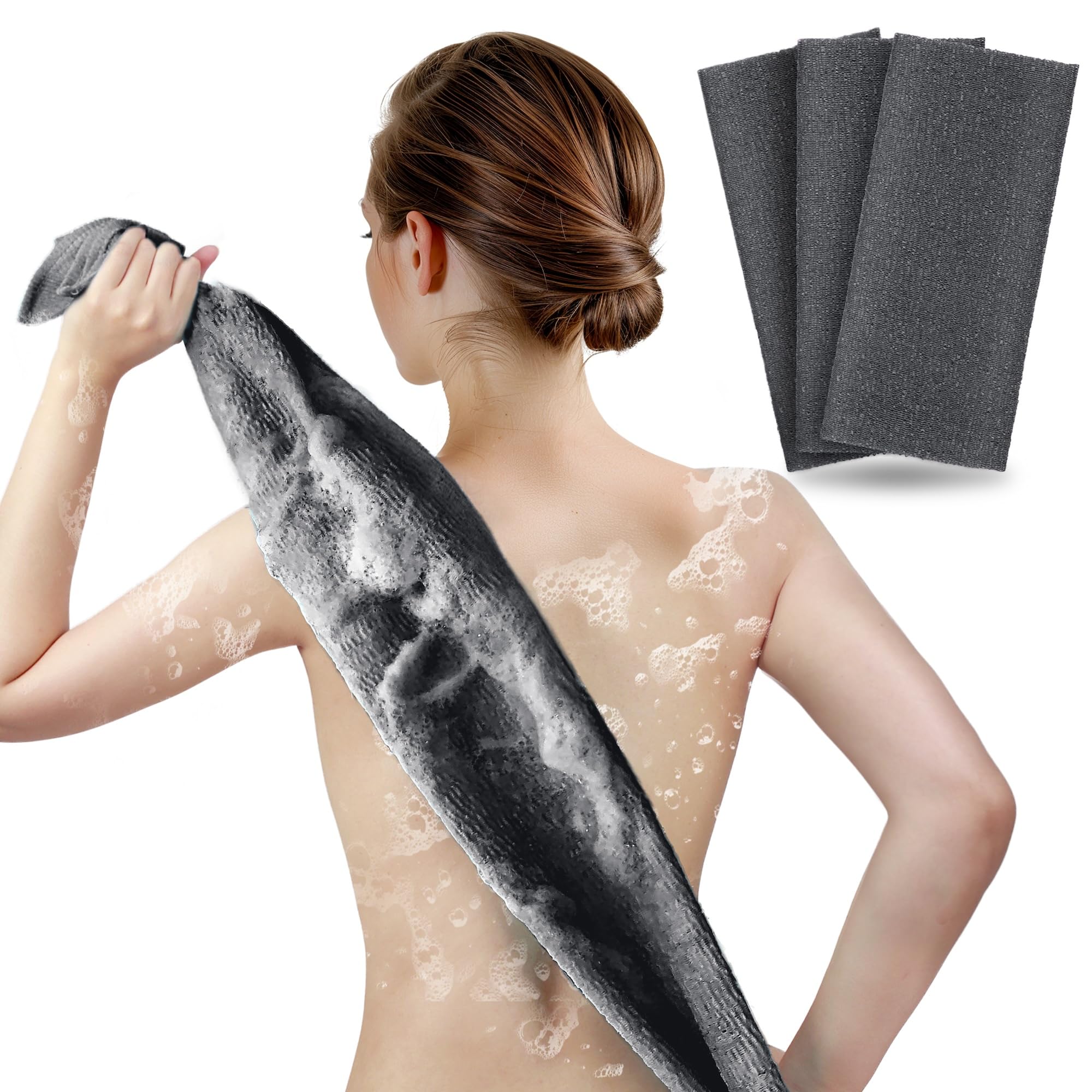 Photo 1 of ARCH&M Exfoliating Washcloth Body Scrubber Back Scrubber for Shower Japanese Beauty Washcloth Bath Wash Cloth Korean Exfoliation Luffah Towel Net Sponge Loofah Scrub 3 Pack (Black x 3)