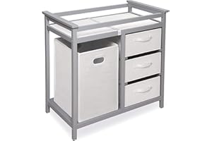 Badger Basket Modern Baby Changing Table - Nursery Furniture with Laundry Hamper and 3 Storage Drawers - Diaper Changing Station with Safety Belt, Changing Pad, and Organizer Baskets - Gray and White