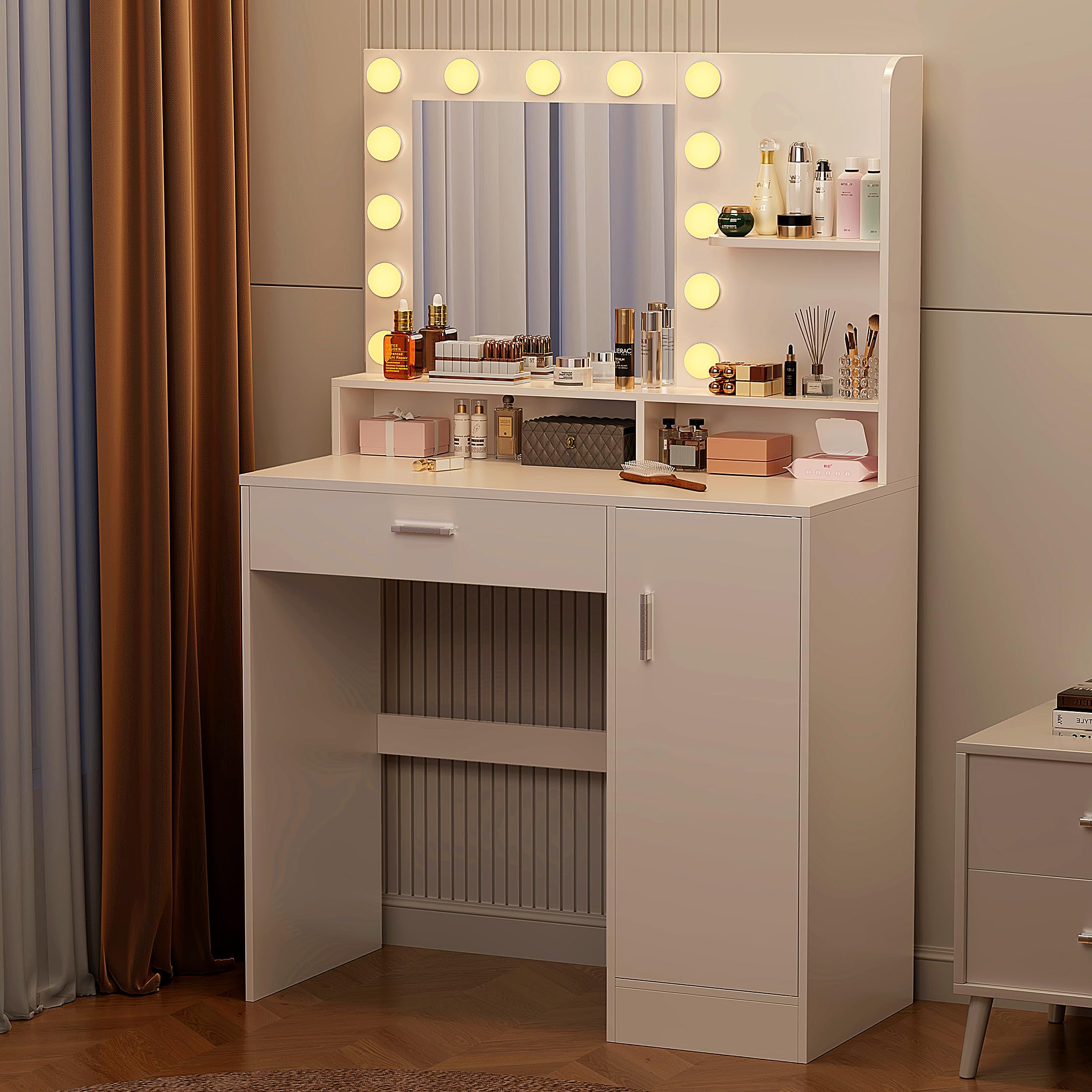 Photo 1 of ***BROKEN/ MISSING HARDWARE, FOR PARTS*** 
Decofy White Vanity Desk with Mirror and Lights Makeup Vanity with Drawers & Cabinet, 3 Lighting Modes & 10 Brightness Levels,Vanity for Bedroom & Dressing Room (White)