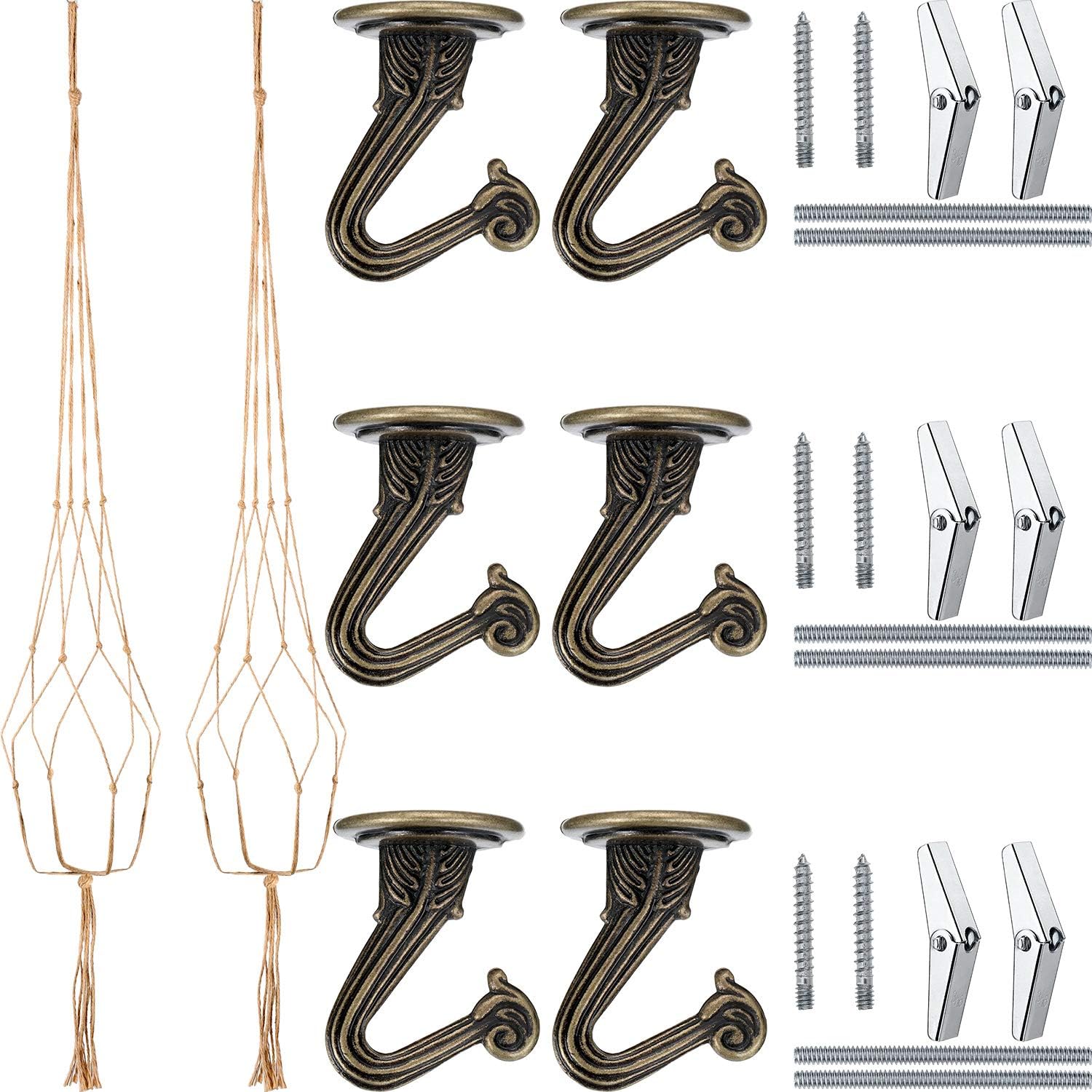 6 Sets Swag Ceiling Hooks Steel Screws Bolts and Toggle Wings with 2 Pieces Large Flower Pot Hanger Basket Holder for Ceiling Hanging Decorations (Bronze) (Bronze)