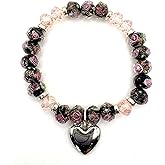 Handcrafted Black Floral Glass Lampwork Beaded Stretch Bracelet with Pink Rose Pattern, Silver Heart Charm For Women