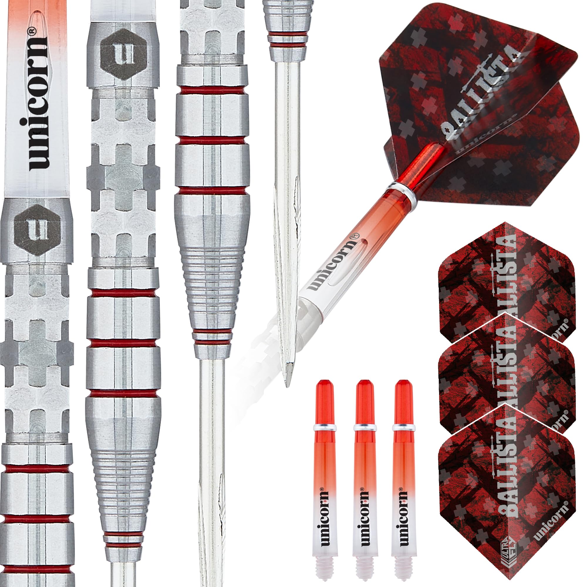 ‎Unicorn Steel Tip Darts Set | Ballista Style 3 | 90% Natural Tungsten Barrels with Red Accents & Volute Points | 21 g