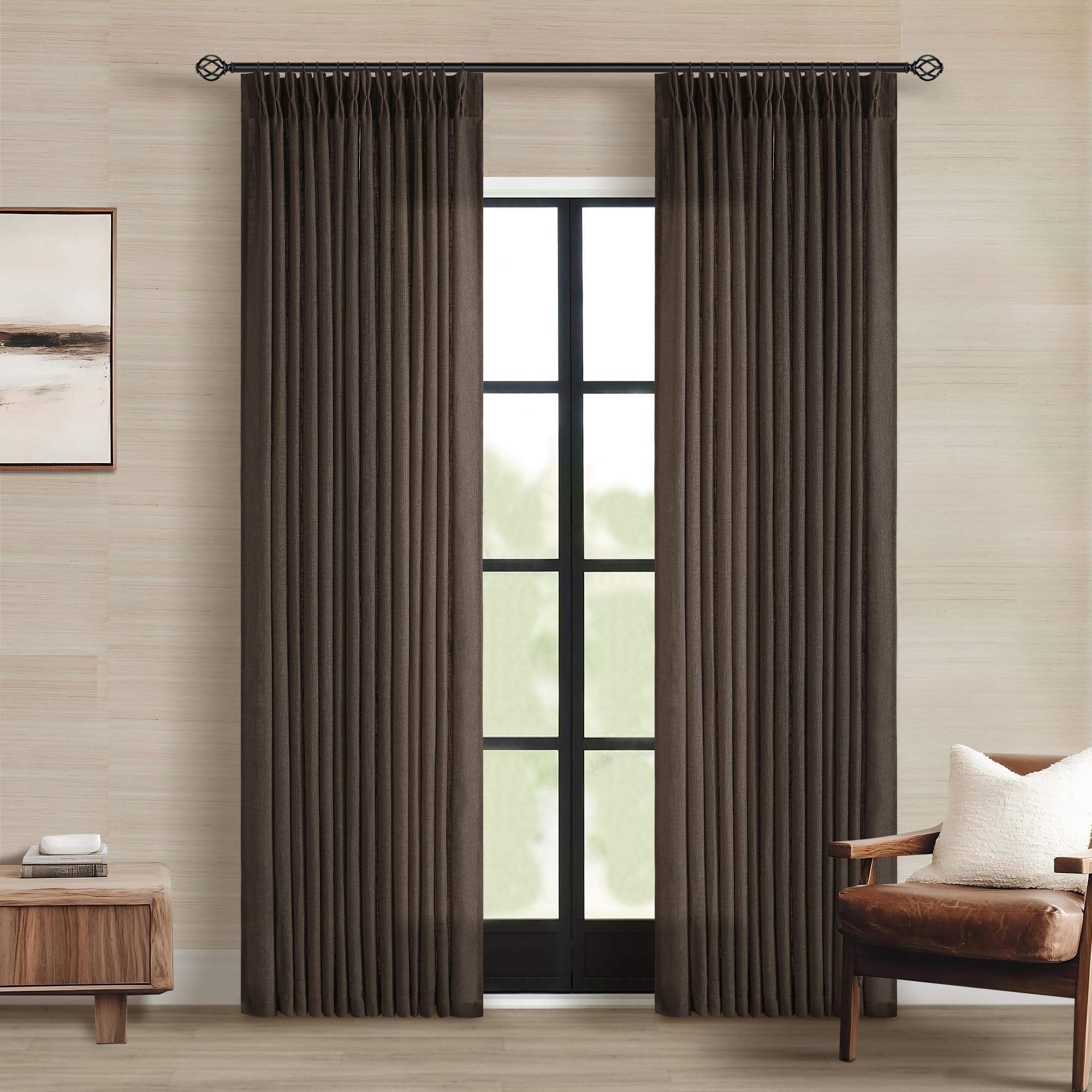 Photo 1 of Dark Chocolate Pinch Pleated Linen Curtains 2 Panels for Living Room Bedroom Memory Training Shaped Semi Sheer Pleat Drapes with Hooks Rings Light Filtering Window Curtain 40x84