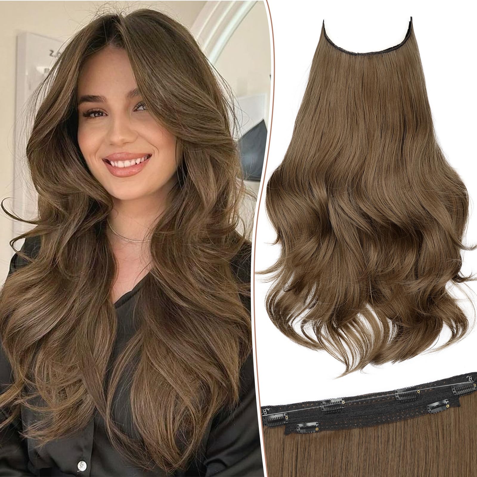 Photo 1 of KooKaStyle Invisible Wire Hair Extensions Long Straight Layered Synthetic with Transparent Wire Adjustable Size 6 Secure Clips Hairpieces for Women 20 Inch (20 Inch, COCOA#)