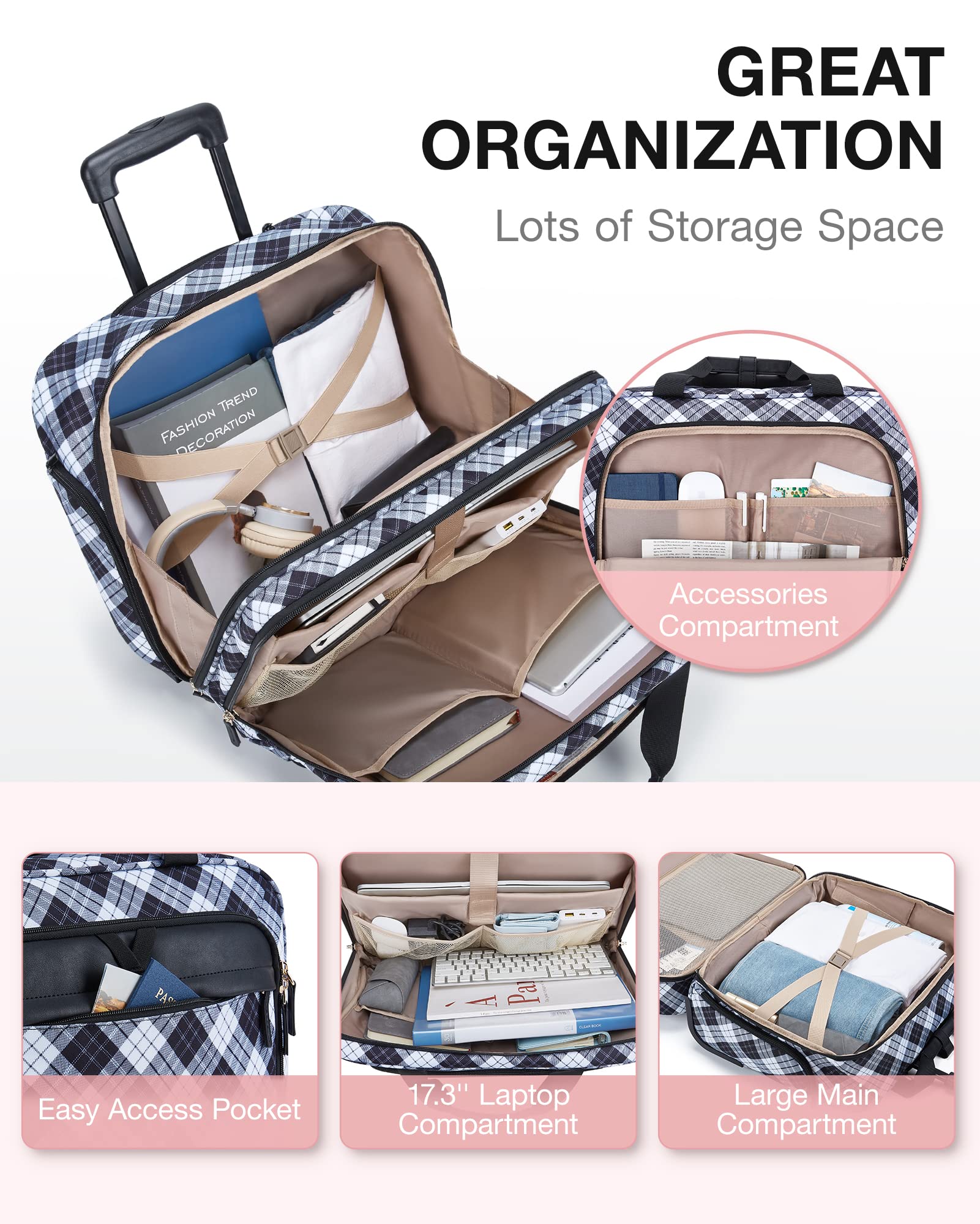 BAGSMART Water-Resistant 17.3 Inch Rolling Laptop Bag, Black & White Plaid, Suitcase