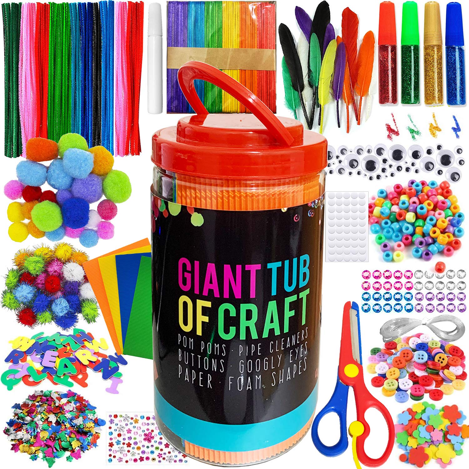 MOISO Mega Kids Crafts and Art Supplies Jar Kit - 560+ Piece Set - Make Bracelets and Necklaces - Plus Glitter Glue, Construction Paper, Colored Popsicle Sticks, Google Eyes, Pipe Cleaners…