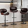 YaFiti Bar Stools Set of 3, Bentwood Adjustable Height Swivel Bar Stools, PU Leather Upholstered Bar Chair with Back and Footrest for Bar, Kitchen, Dining Room, Brown