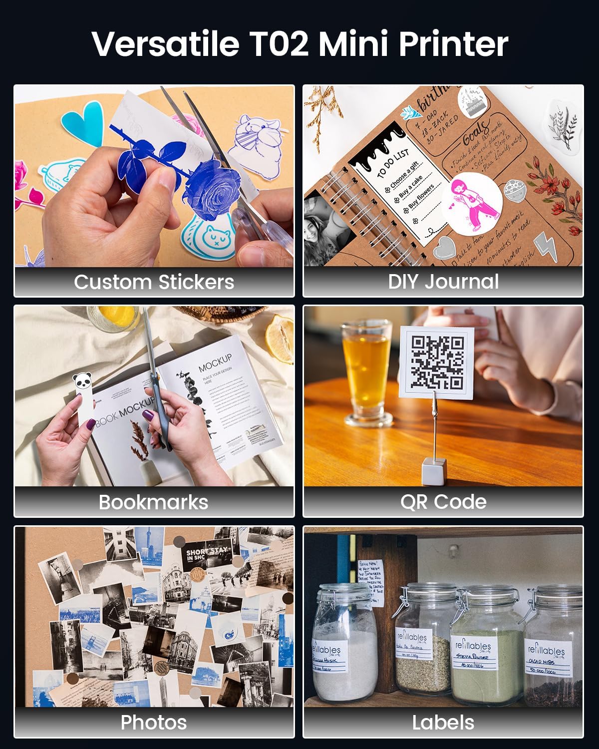 Collage showing various uses of the Memoking Mini Printer T02 including custom stickers, DIY journals, bookmarks, QR codes, photos, and labels.