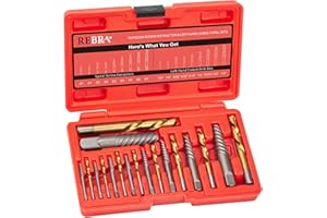 REBRA Screw Extractor Set, 37# Cr-Mo & 6542 HSS Steel Cobalt Left-Hand Drill Bit, Easy Out Broken Bolt Remover Reverse, Ez Out Stripped, Rounded-Off, Damaged Bolts, Screws&Studs Removal Tool (18-Pieces)