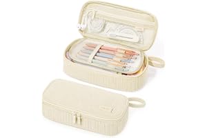 SUNEE Cute Pencil Case, Soft Corduroy Large Capacity Pencil Pouch, Aesthetic Zipper Pencil Bag, Big Storage Pen Organizer for Stationery, Pencil Box Back to School Supplies for Teen Girls Boys, Beige