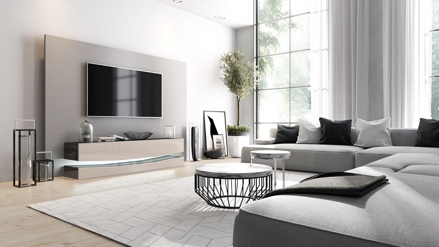 vladon tv board lowboard city korpus in schwarz hochglanz fronten in sandgrau hochglanz inkl led beleuchtung vladon amazon de kuche haushalt wohnen